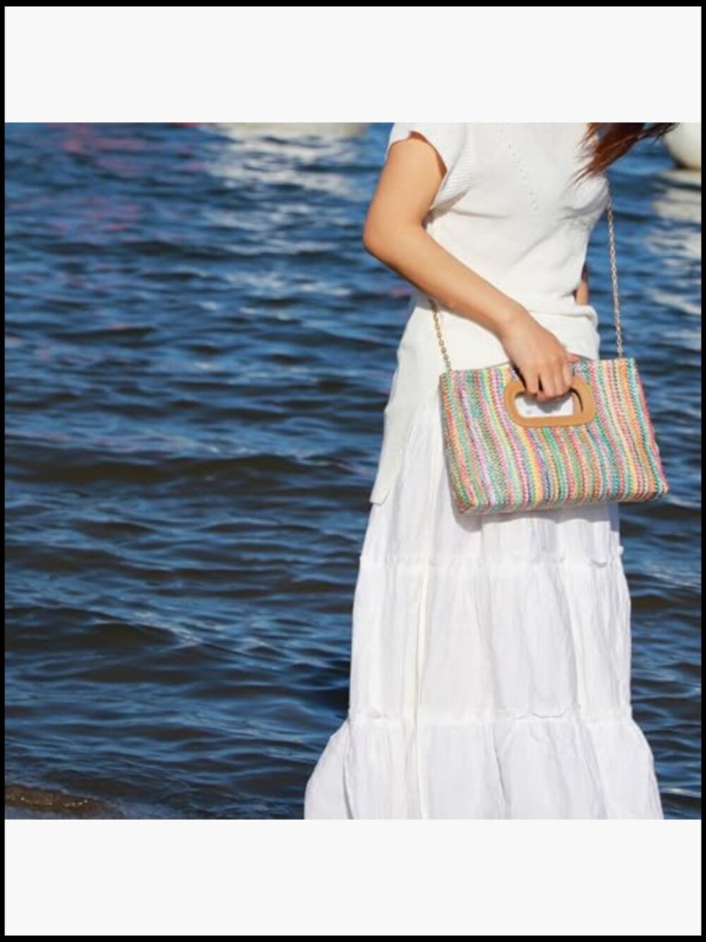 Straw Clutch Handbag with Gold Chain, Detachable Crossbody Shoulder Strap - Picture 4 of 7